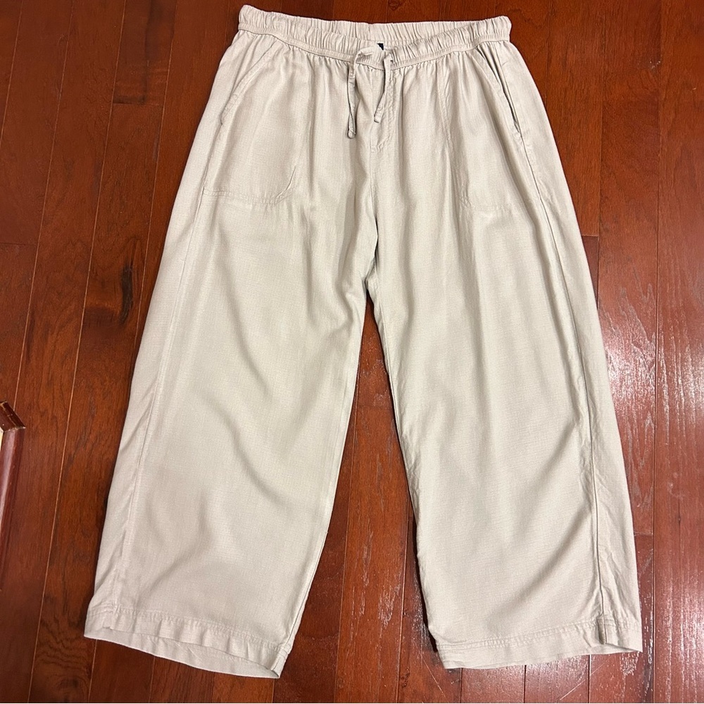$158 SPLENDID Women’s Linen Blend Wide Leg Cropped Tan Pull On Pant size M - Picture 3 of 9